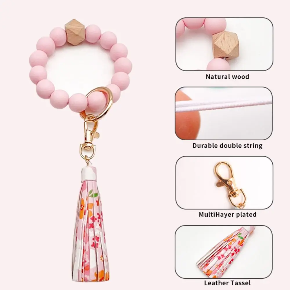 Fragmented Design Silicone Bead Bracelet Keychain Pu Leather Boho Style Wristlet Wallet Keychain Tassel Decoration