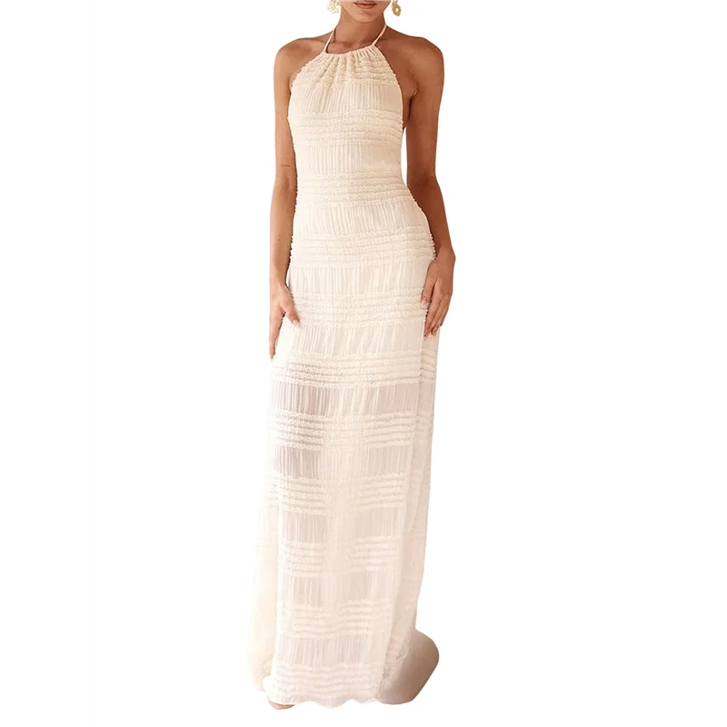 ABRT-dames backless geplooide maxi-jurk halternek spaghettibandjes strand maxi-jurk vakantie casual zonnejurk