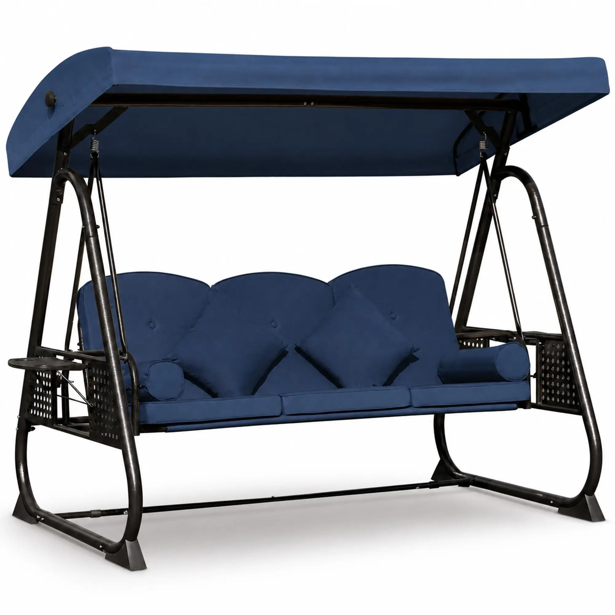 3 Seat Patio Swing Chair with Canopy,Outdoor Porch Swing with Thick Cushions,Adjustable Sunshade,Side Trays &