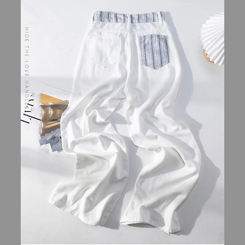 Branco perna larga jeans para mulheres verão fino casual solto listrado bolso denim calças moda cintura alta em linha reta calças finas