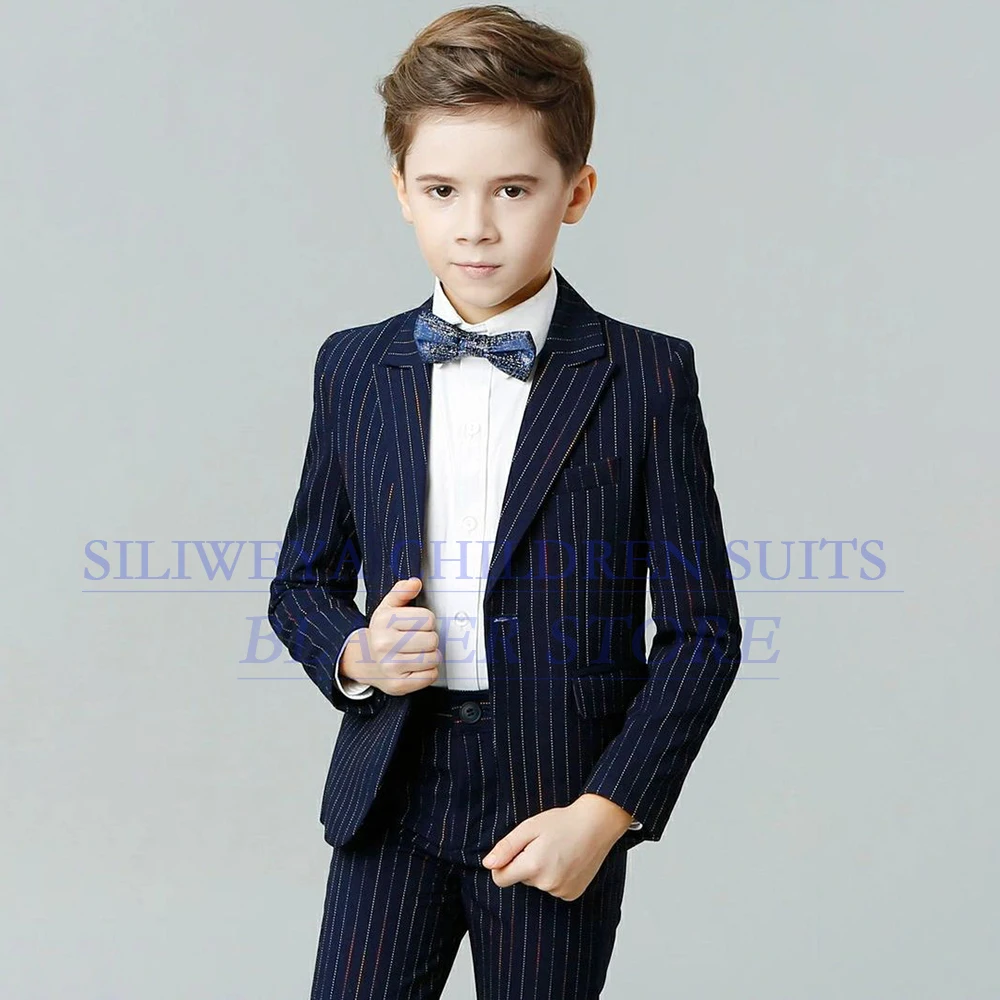 

Formal Navy Blue Pinstripe Children's Clothing Luxury Single Breasted Peak Lapel Slim Fit 2 Piece Jacket Pants Sets Featival Set
