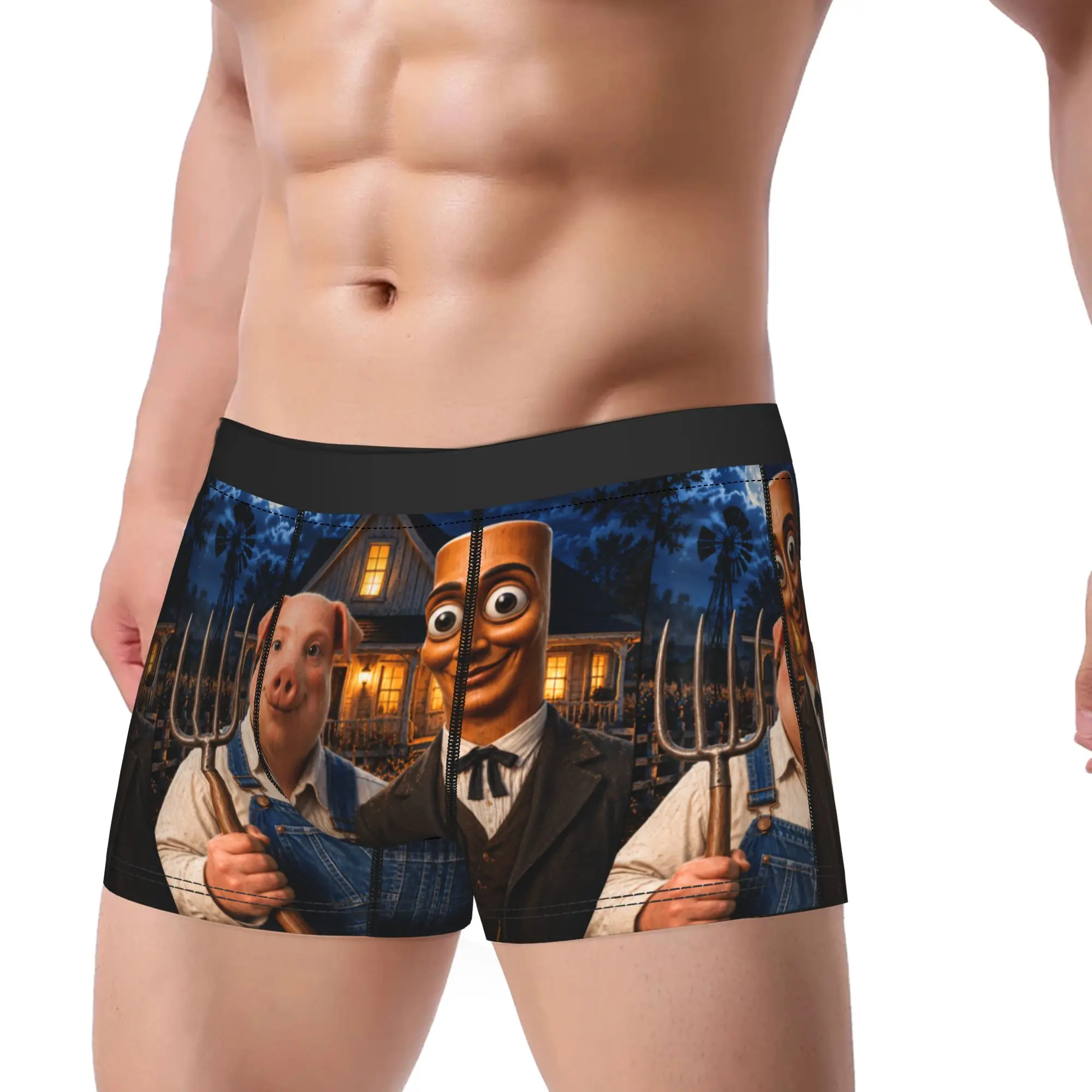 John Pork American Gothic Funny Viral Meme Art Dank Brainrot Boxer Shorts Pouch Underwear Boxer Brief Sexy Soft Men's Underpants