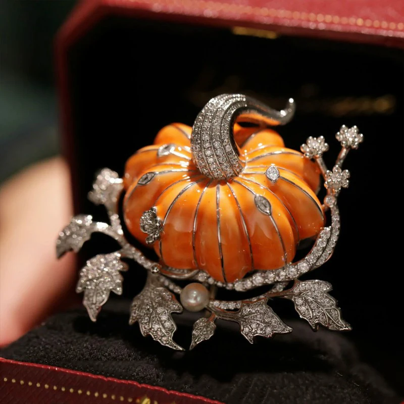 Brass Pumpkin Brooch Pendant With Pearl Chinese Prosperity Symbol Jewelry Elegant Accessory Gift For Women Girlfriend