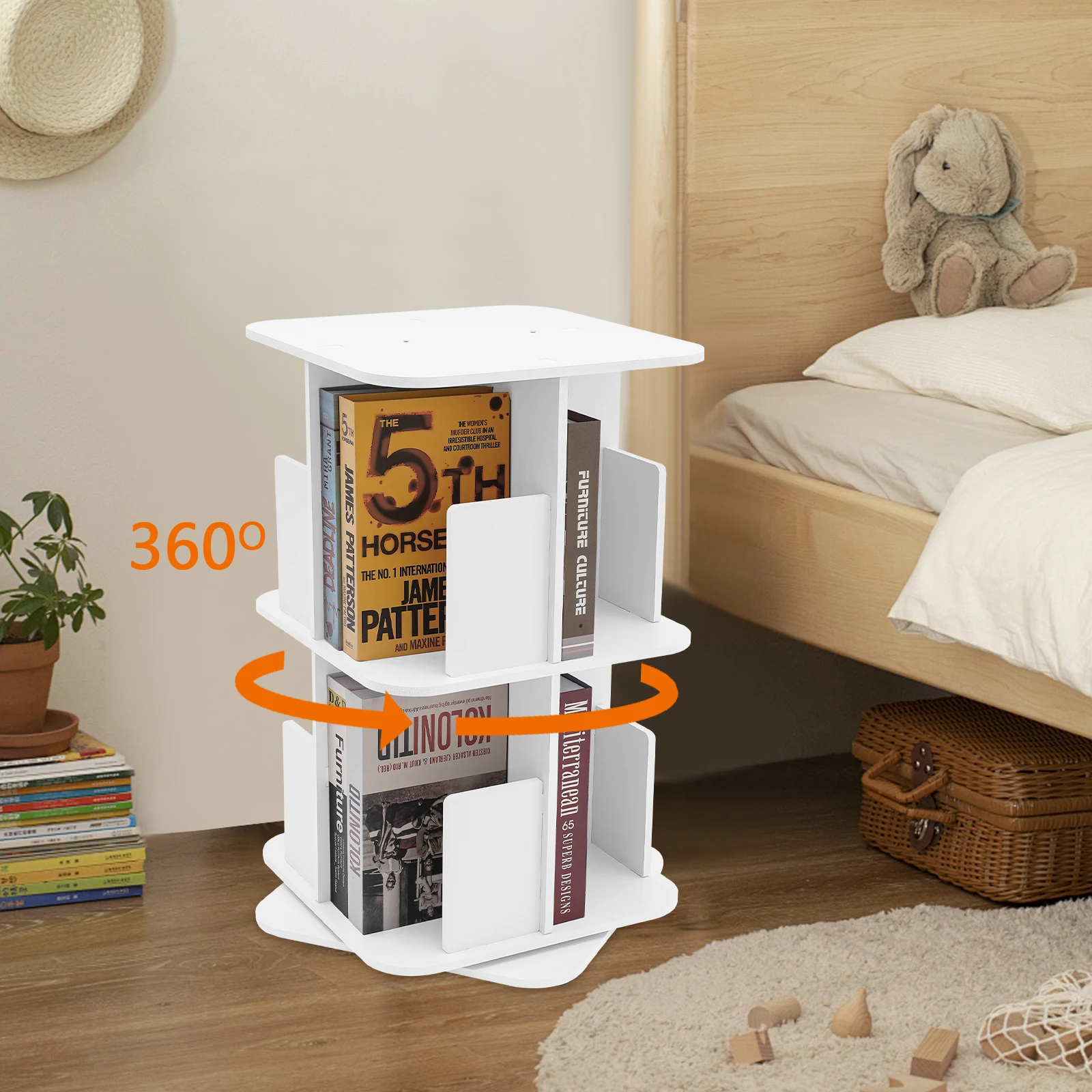 (Blanco) Estantería giratoria de 2 niveles, estantería esquinera para espacios pequeños, 360 ° Librería giratoria de exhibición para dormitorio, sala de estar