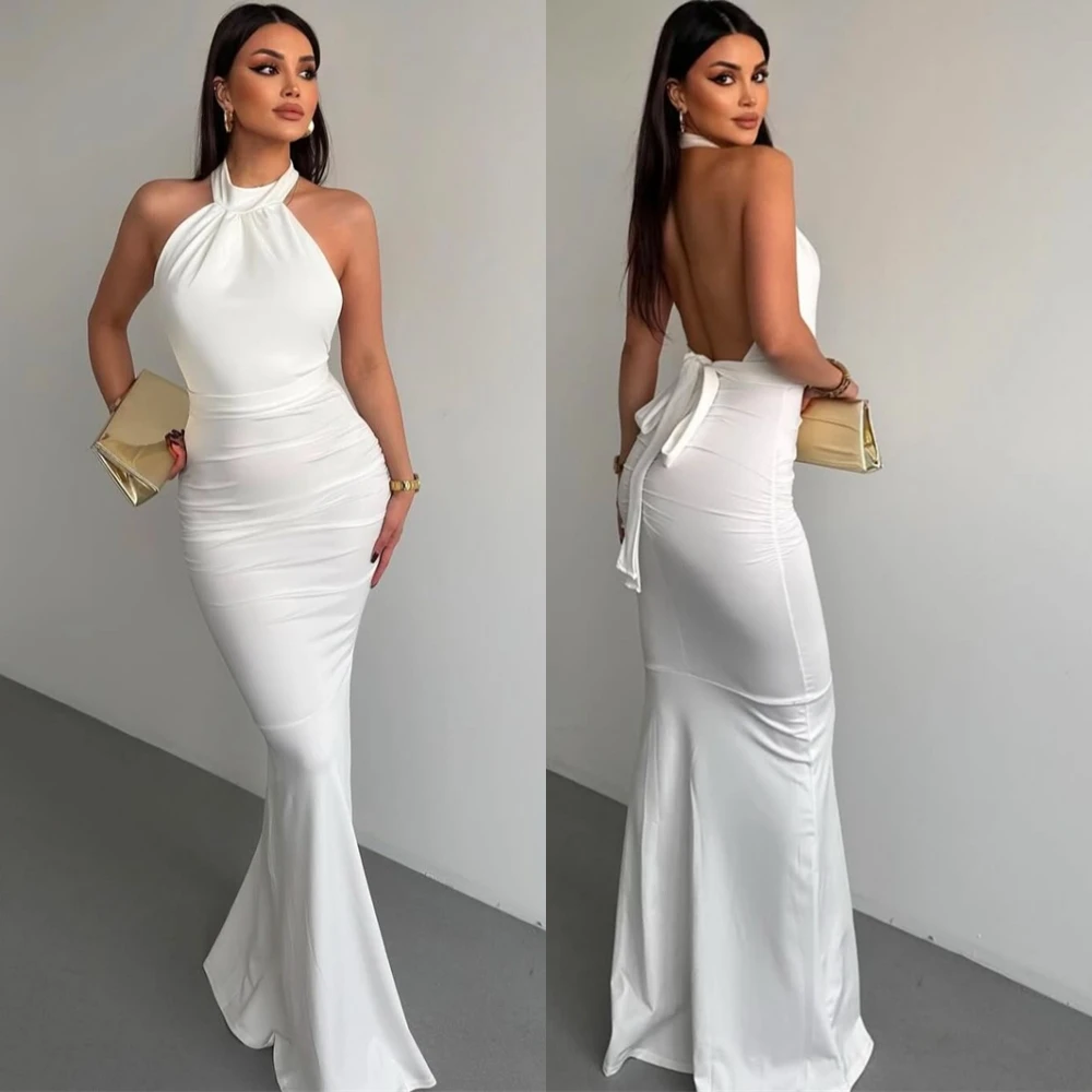 

Customized Classic Satin Mermaid Evening Dress Graceful Halter Sleeveless Prom Dress Temperament Special Occasion Gowns