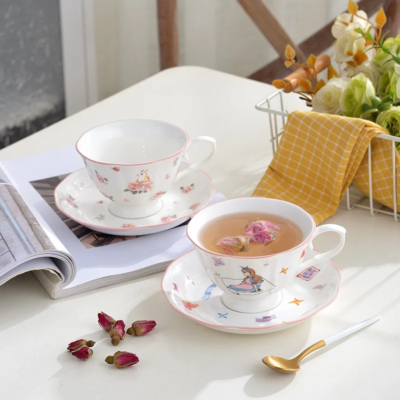 French Pink Rabbit Alice Wonderland Ceramic Coffee Cup Set, Light Luxury Ceramic Kitchen Cup