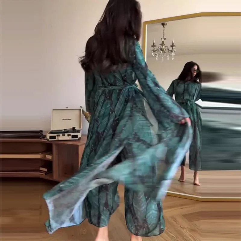 Women Vacation Beach Swimsuit Boho Long Sleeve Loose Robe Slim Corset Bodysuit Slit Pants 3 Piece Set Beach Wear Holiday Outfits