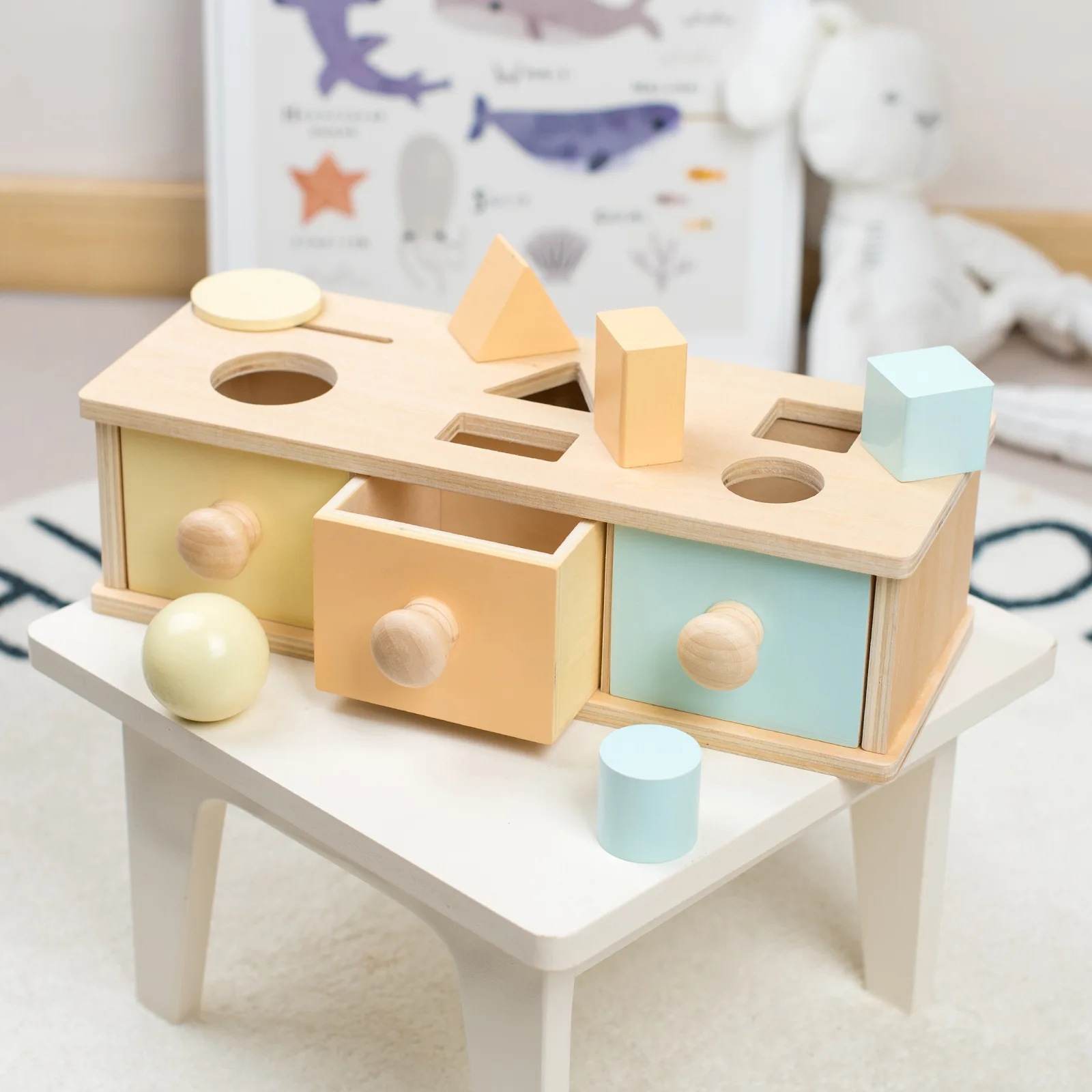 Montessori Baby Early Education Toys Colorful Wooden Throwing Coin Drawer Box Drum Training Baby Sensory Logic Teaching Aids