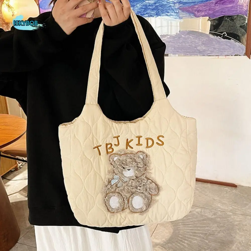 

Japanese Style Cartoon Bear Shoulder Bag Sweet Padded Nylon Quilted Handbag Embroidery Solid Color Down Cloth Tote Bag Outing