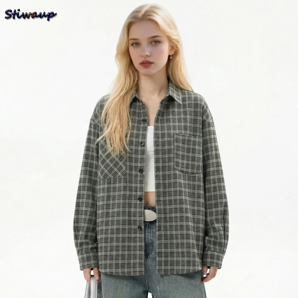 

Women Shirt Long Sleeve American Vintage Plaid Women's Blouse Fashion Couple Style 2026 Spring Autumn Oversized Women's Tops