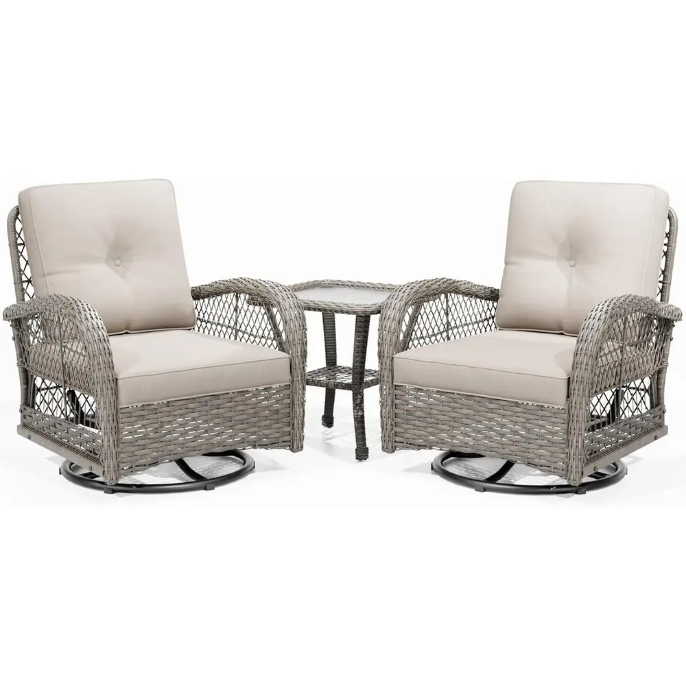 

3-Piece Outdoor Wicker Swivel Rocking Chair Set with Side Table and Cushions (Brown/Beige)
