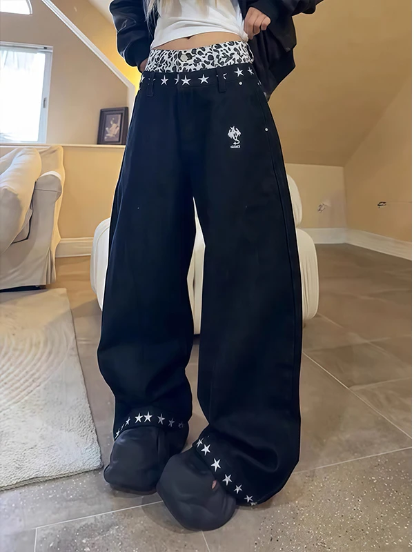 

Широкие джинсы с леопардовым принтом в американском стиле ретро k Star Rover, женские свободные брюки-ножи с осенним дизайном