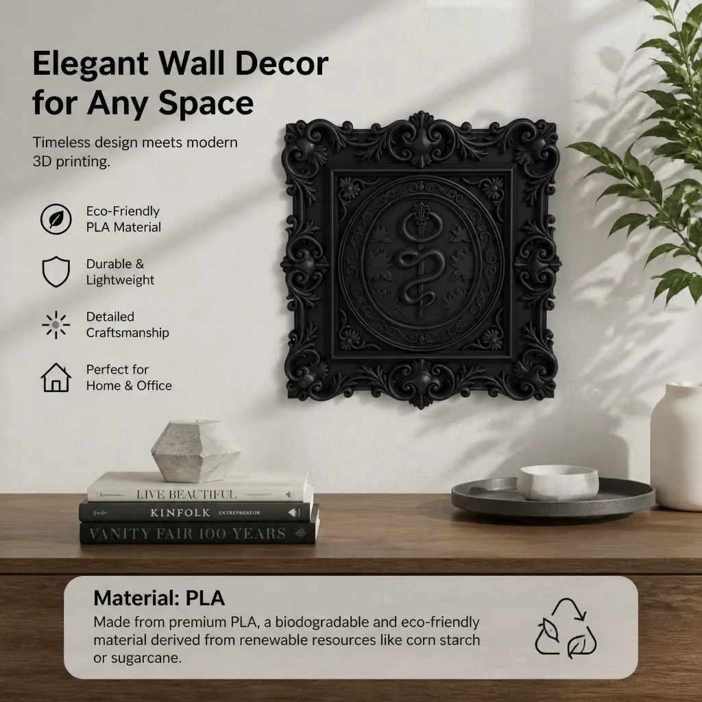 Ornate Baroque Square Rod of Asclepius Wall Plaque, Black PLA Plastic Vintage Wall Decor for Dark Academia Office Home Decor