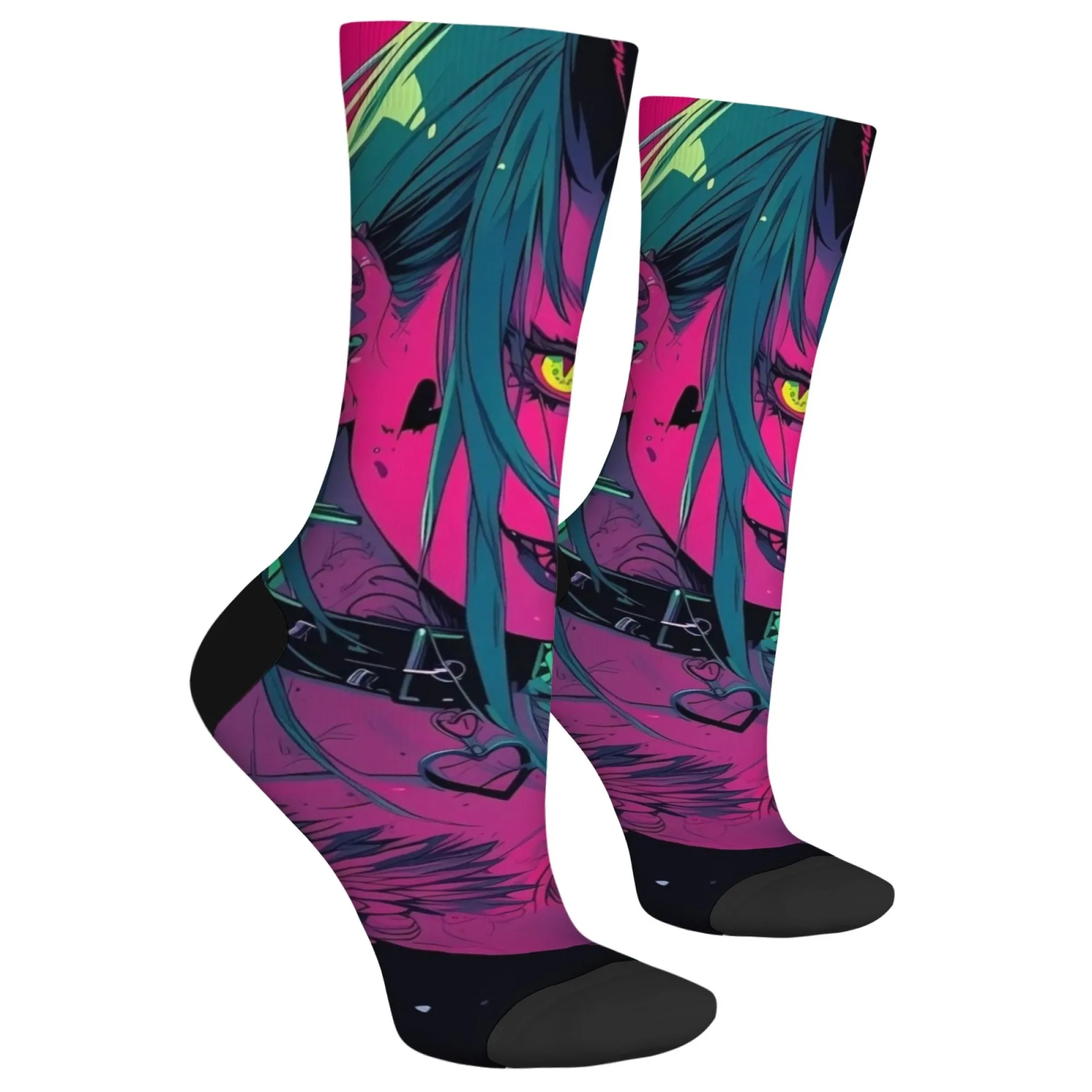 ถุงเท้าลายอนิเมะไซเบอร์พังก์ ความยาวครึ่งน่อง พิมพ์ลายบล็อกสีนีออน ลายเส้นผมแบบช็อคเกอร์ ลายสักหัวใจ สไตล์ดาร์กเท่ๆ สำหรับงานปาร์ตี้สตรีท