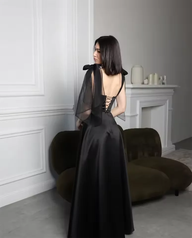 Robe de bal en Satin noir Simple, avec nœud papillon, ligne a, robe de soirée de remise de diplôme pour Occasions spéciales, robes de soirée personnalisées