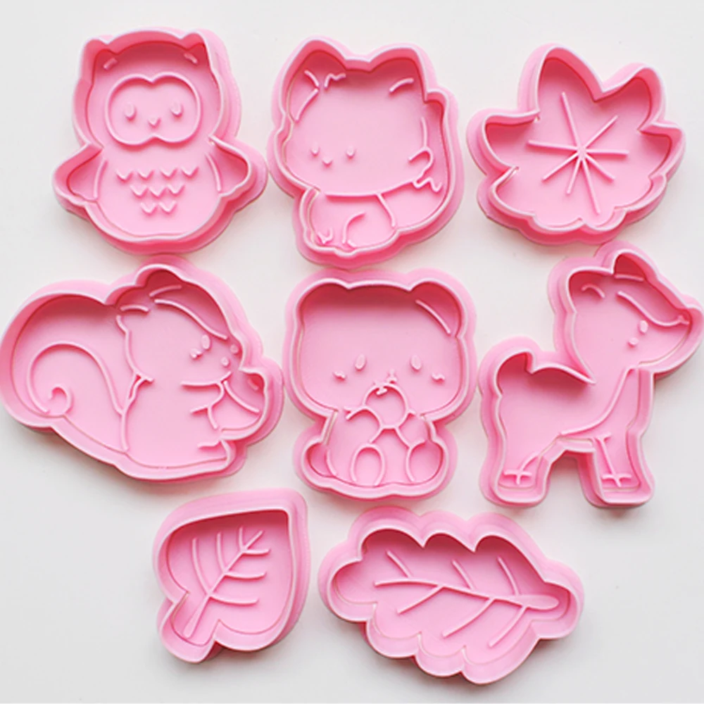 Cute Forest Squirrel Owl Leaf Biscuit Mould Animal Shape Cookie Cutter 3D Hand Pressure Embossed PLA Plastic Kitchen Accessories