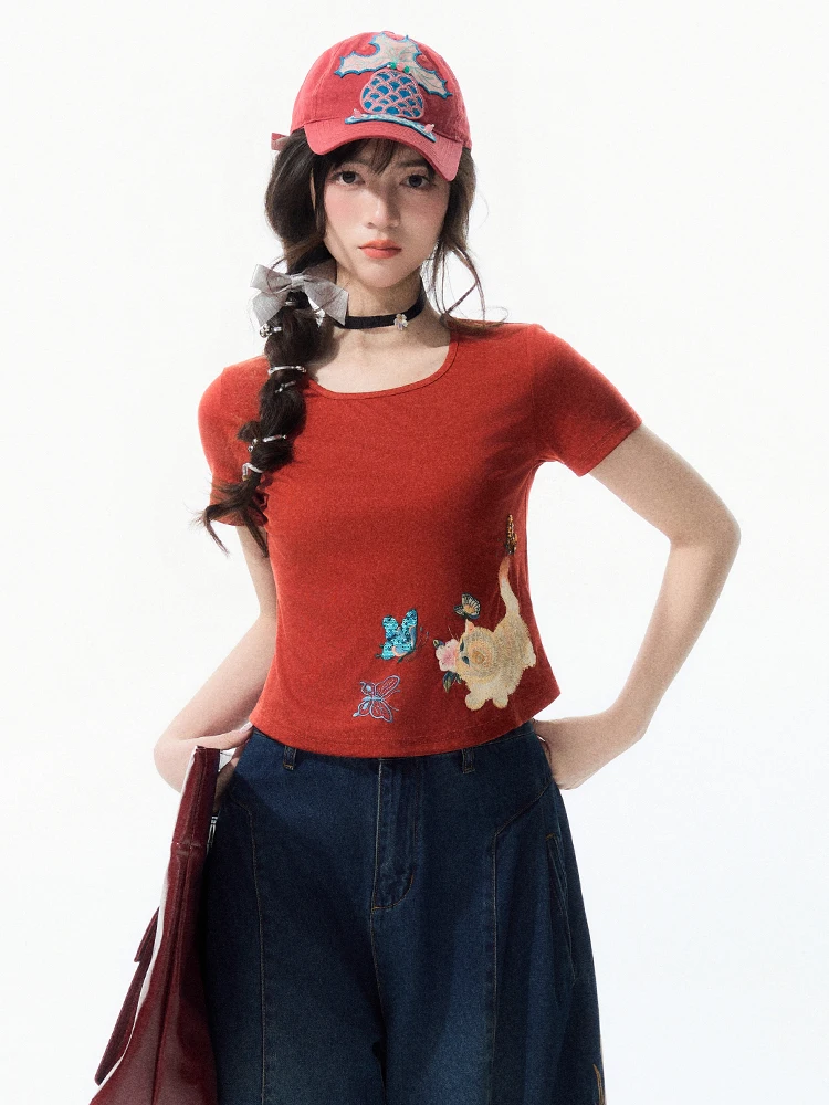 

Оригинальный дизайн, футболка ort Sve с вышивкой, облегающая летняя новинка, повседневный женский топ в этническом стиле Xu Luo Snowfield G...