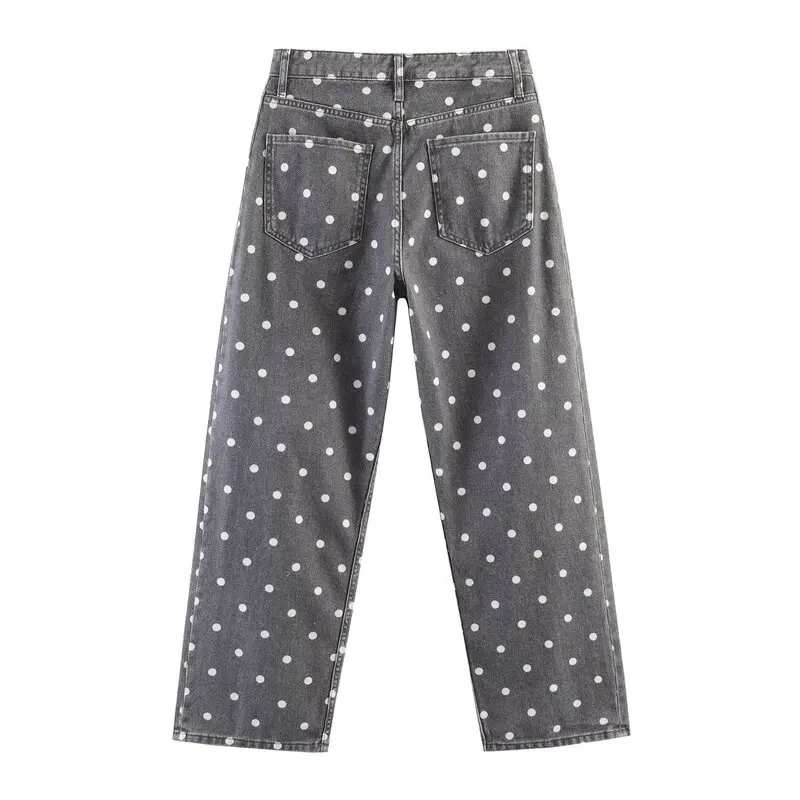 Women's Loose Fit Polka Dot mid Waist Nine-Tenths Jeans Summer New Arrival Casual Comfortable Stretchy Natural Waist Button