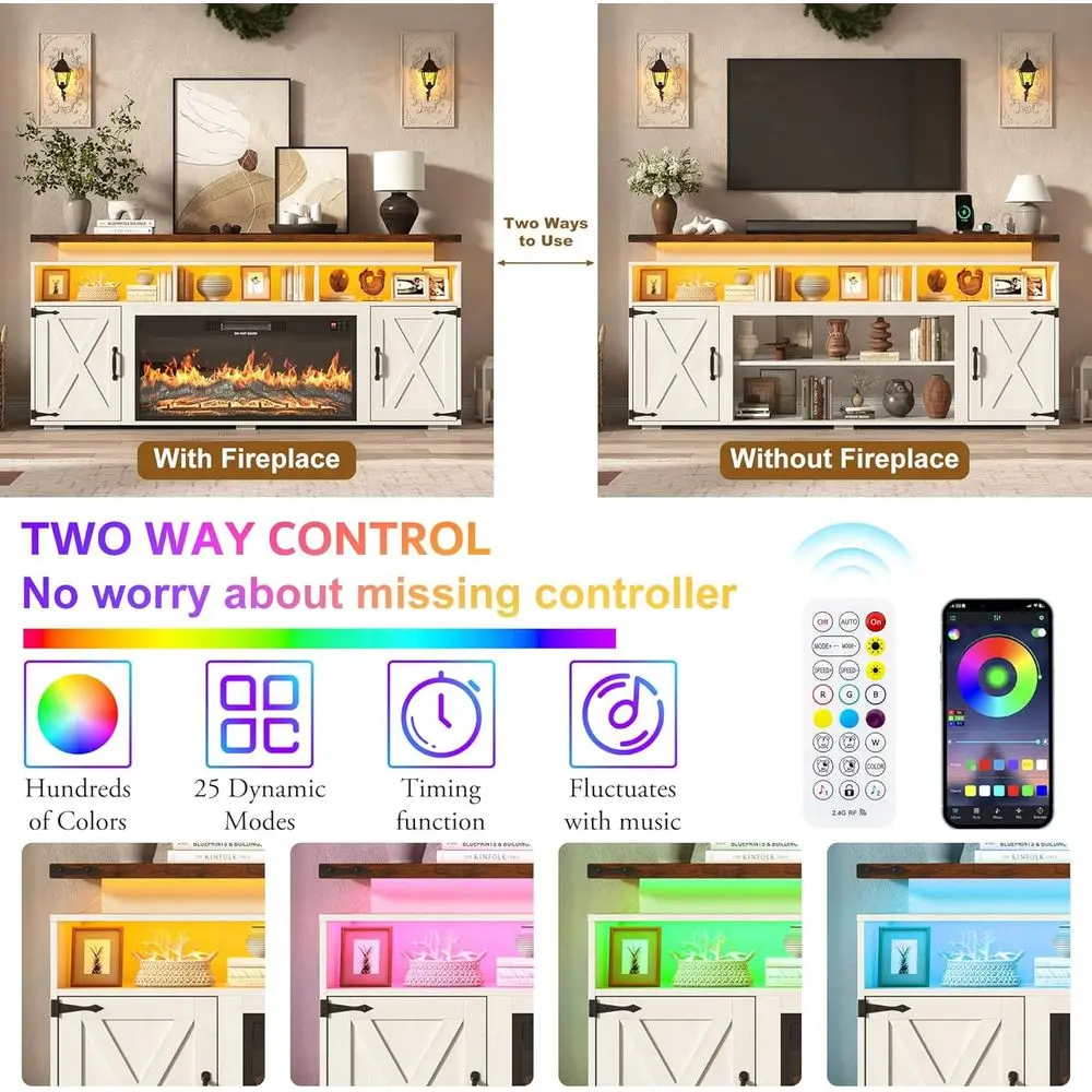 Rustykalny stojak pod telewizor 32 cali z elektrycznym kominkiem, oświetleniem LED i przesuwanymi drzwiami stodoły, na telewizory 75/80 cali