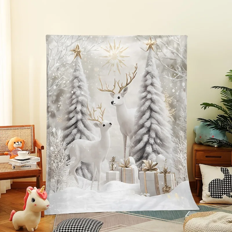 Cozy Christmas Throw Blanket - Super Soft Fleece with Festive Reindeer & Tree Design Perfect for Couch or Bed Machine Washable