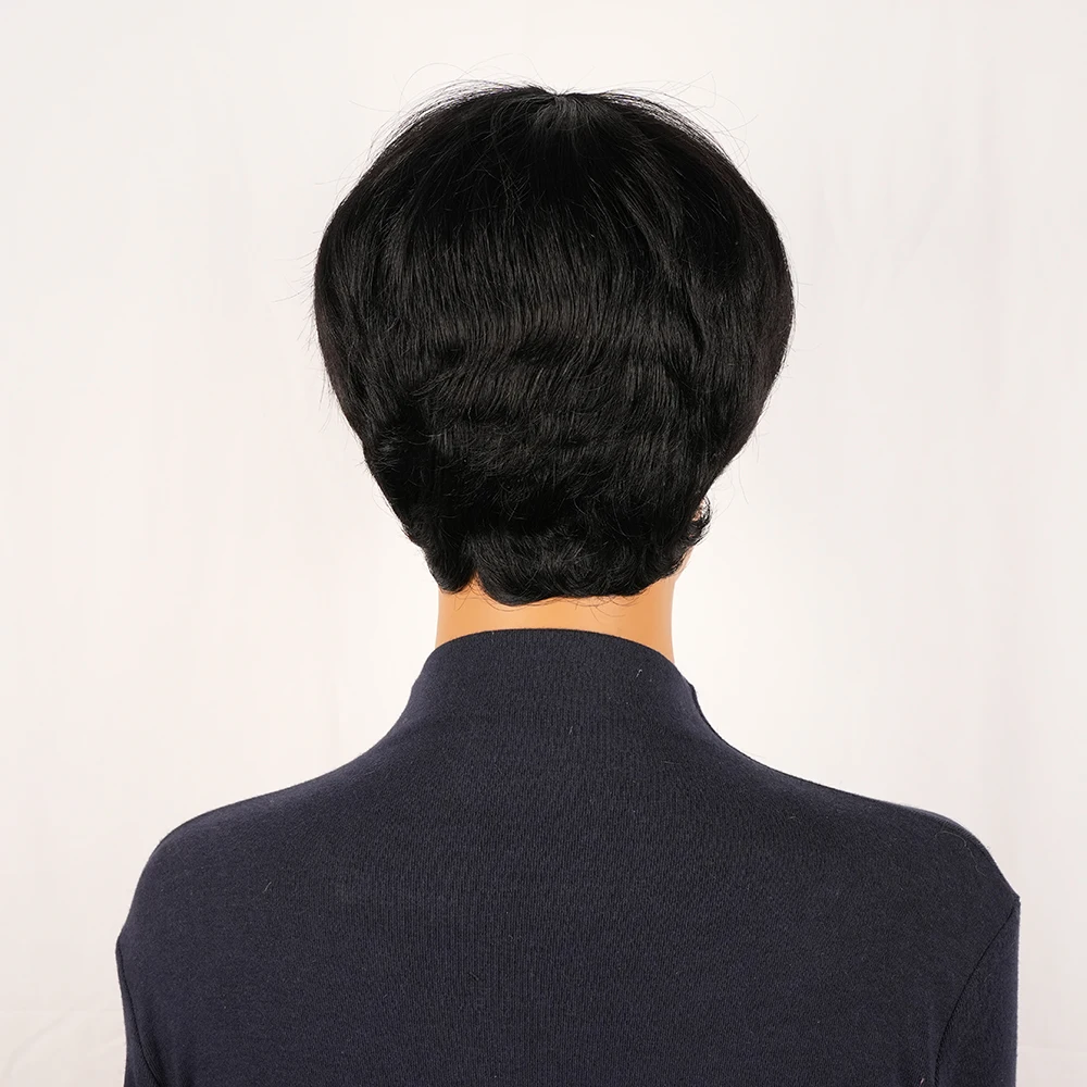 Peruki pixie cut dla czarnoskórych kobiet, krótkie peruki warstwowe, krótkie peruki z ludzkich włosów z grzywką, peruka wykonana w całości maszynowo.