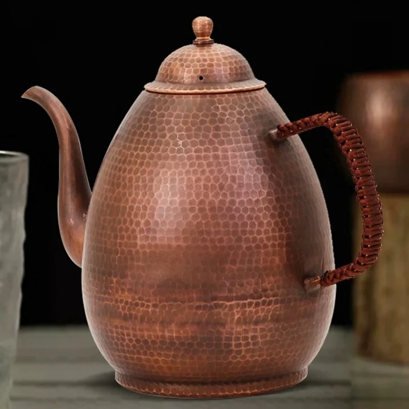Handcrafted Pure Copper Coffee Pot,Large Capacity Retro oval Shape Teaware 1000 ml Filter Weave Heat Handheld Kettle,Teapot