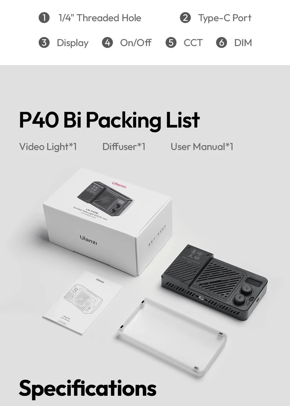 Ulanzi P40 Bi/P40 RGB 40W Videoleuchte 14000Lux 37Wh mit LED-Anzeige für Porträt Stillleben Fotografie Schießen Lichtmalerei – Detail 17