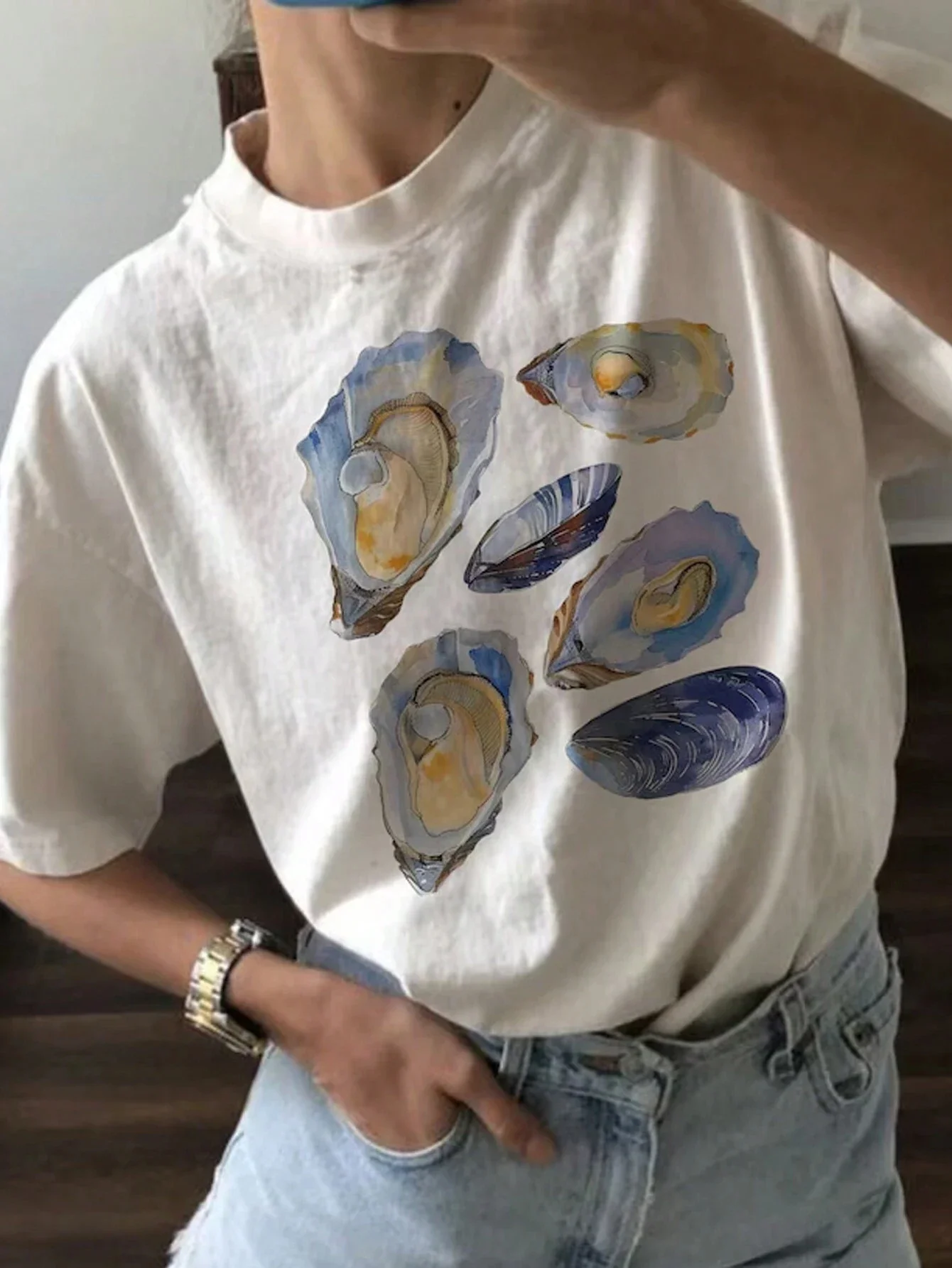 Beautiful Seashell  Pattern Print  Tee Clothes Casual Regular Womens Tees Streetwear Comfortable Tops Vintage Loose T-Shirt