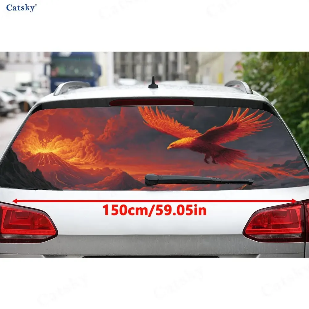 Mythical Phoenix Flame Lava Dominance PVC Perforated Car Vinyl Wraps, Durable Car Rear Windshield Sticker, Waterproof Car Rear W
