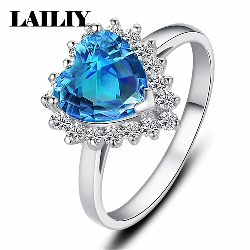 LAILIYA 925 Sterling Silver Diamond Sky Blue Ocean Heart Gem Adjustable Ring for Women Fashion Jewelry