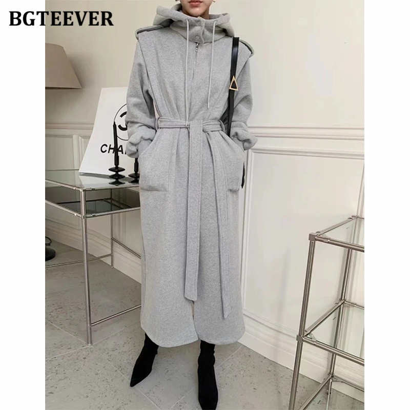 BGTEEVER Autumn Winter Thicken Loose Female Pullover Sweatshirt Dress Long Sleeve Pockets Women Lace-up Hooded Mid-Length Dress