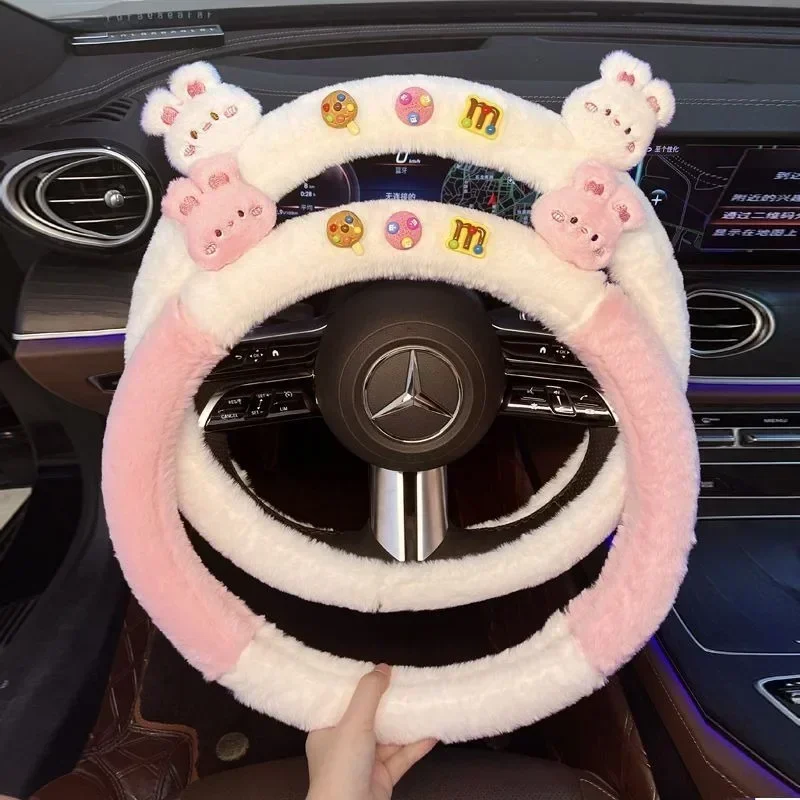 Cartoon Sanrioed Kuromi Plush Doll Car Steering Wheel Cover Kawaii Auto Interior Decoration Accessories Car Protective Cover