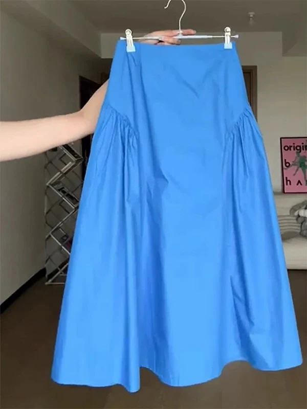 Blue High Waist A-Line Midi Skirt Women's Spring Summer New Style Small Size Hanging Sense Commute Korean Version Pure Color