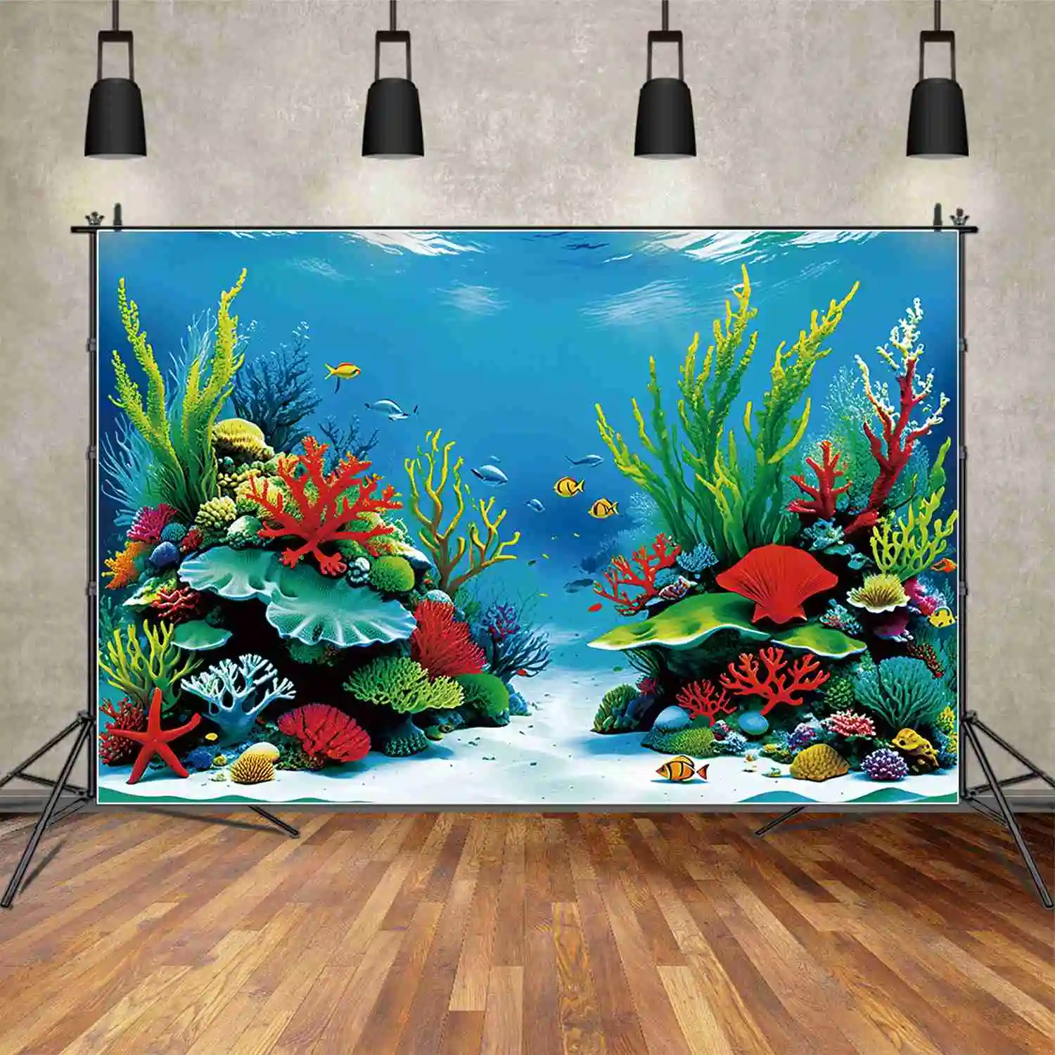 MOON.QG Summer Sea Water Birthday fondale per bambini Green Grass Aquarium Red Coral Background puntelli per fotochiamate per feste personalizzati