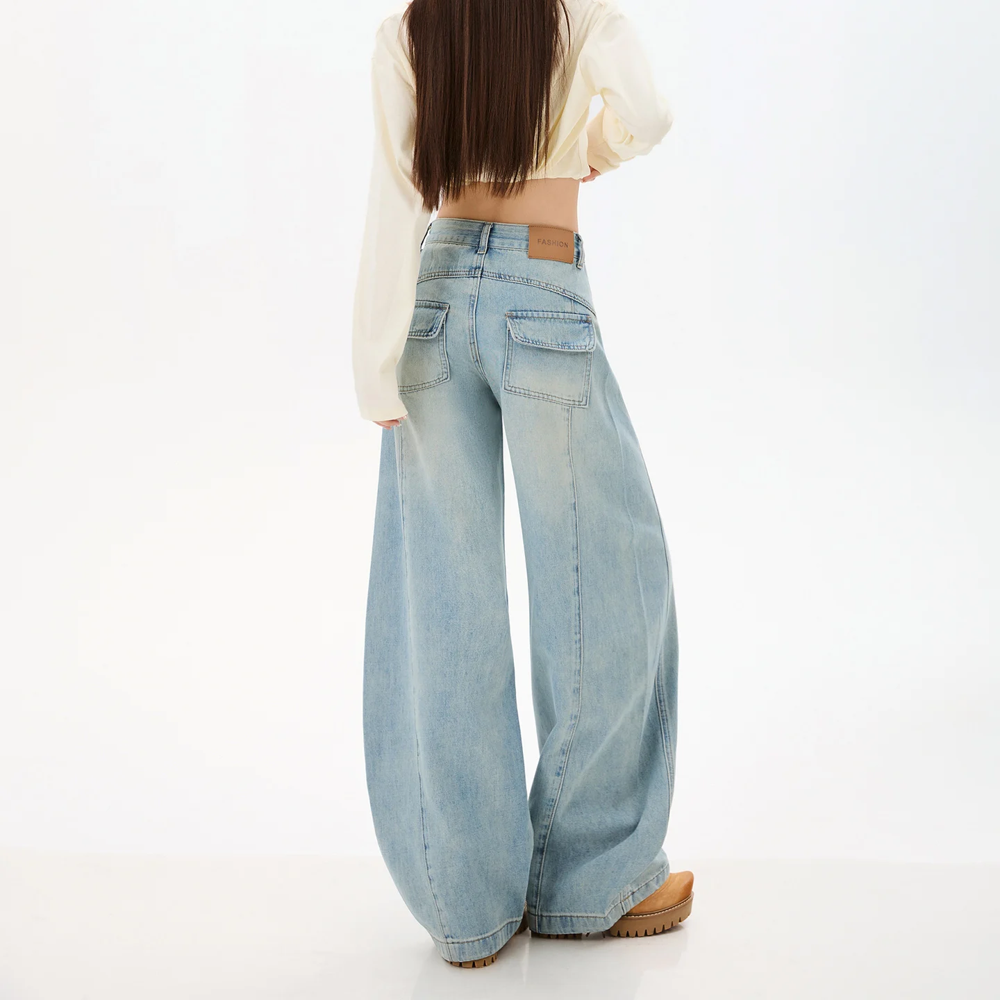 High Quality Spring Women's Jeans Pocket Design Butt Lifting High Waist Loose Wide Leg Floor-length Cotton Denim Trousers Female