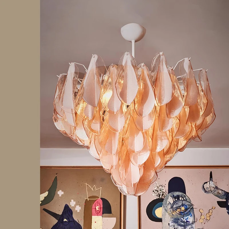 New Pink Glass Pendant Chandelier Living Room Dining Room Retro Green Petal Glass Pendant Chandelier Lights Bedroom Ceiling Lamp