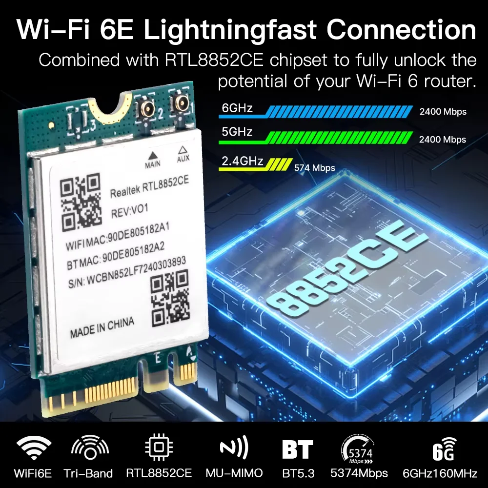 WiFi 6E RTL8852CE M.2 NGFF محول لاسلكي بلوتوث 5.3 5374Mbps 2.4G/5G/6 جيجا هرتز 802.11AX لسطح المكتب/الكمبيوتر المحمول لـ Win10/11