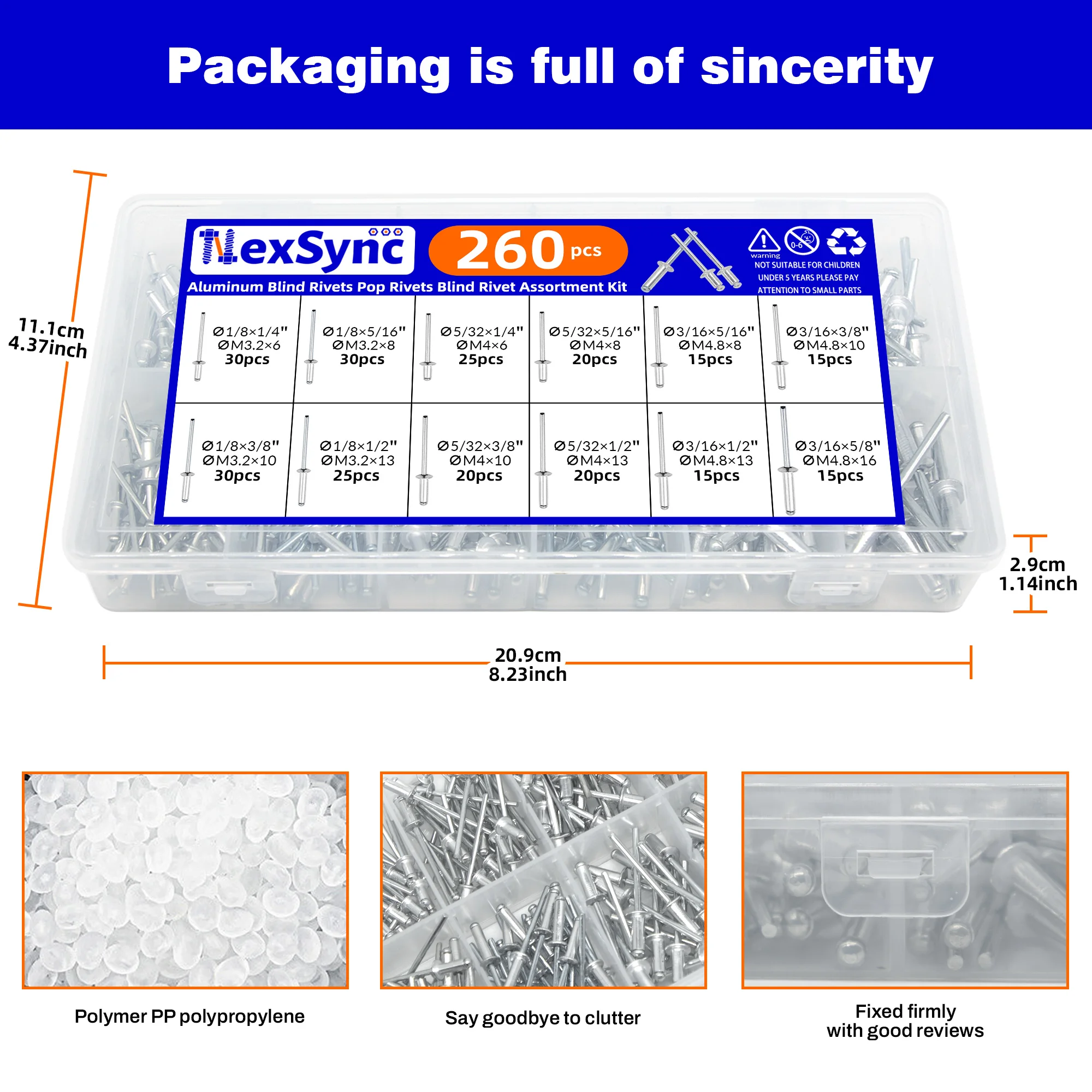 260pcs Pop Rivets Assortment Kit - 12 Sizes Aluminum Blind Rivets for Metal Furniture & Automotive, Assorted Fastener Set