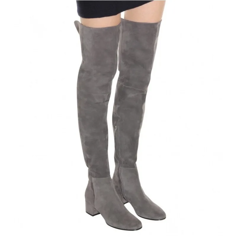 Over-the-knee Boots Winter New Round Head Coarse Middle Heels Following Side Zipper Flock Long Boots Women Fashion Stylish Shoes