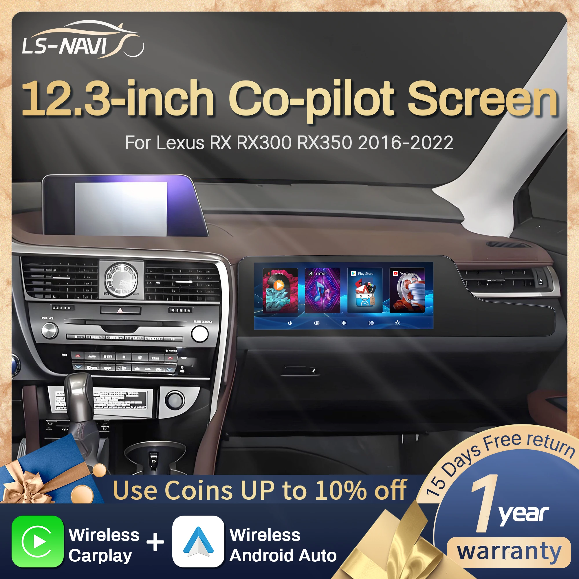 

12.3“For Co-pilot Screen Lexus RX RX300 RX350 2016-2022 Radio Wireless Apple Bluetooth Carplay Multimedia Touch Screen Stere