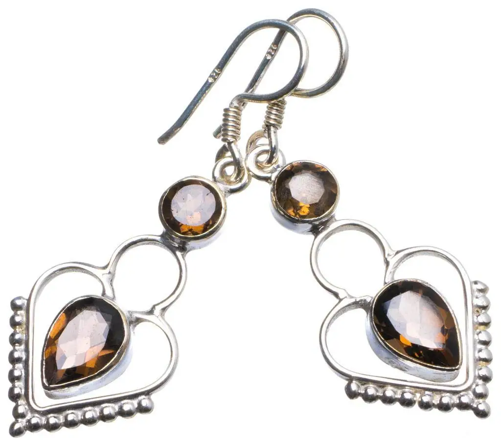 StarGems® Natural Smoky Quartz Handmade Unique Heart Shape 925 Sterling Silver Earrings 1.5