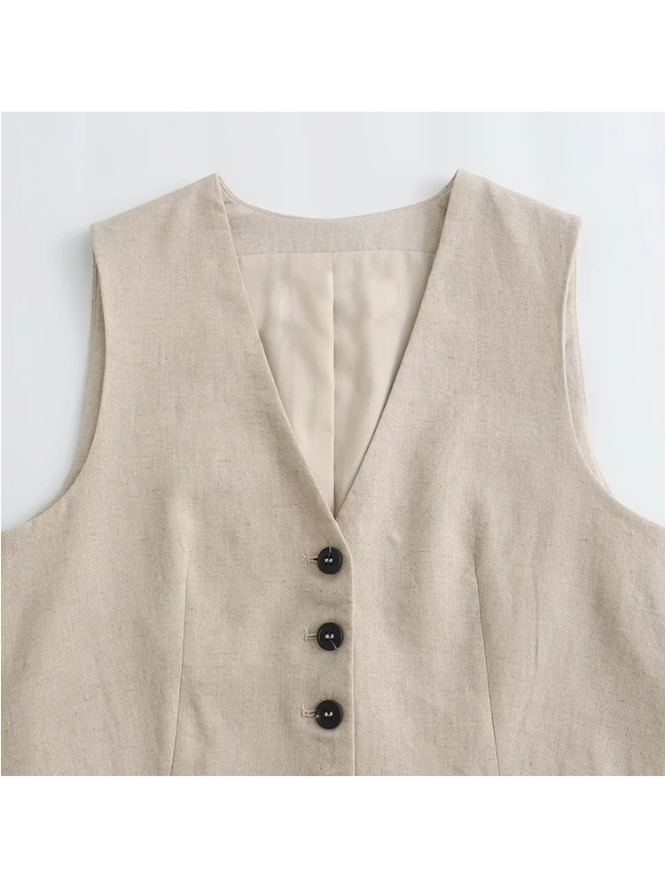 TFMLN Fashion Women Linen Shorts Sets 2024 Vintage Solid Single Breasted V Neck Waistcoat Tops Summer Office Lady Suits