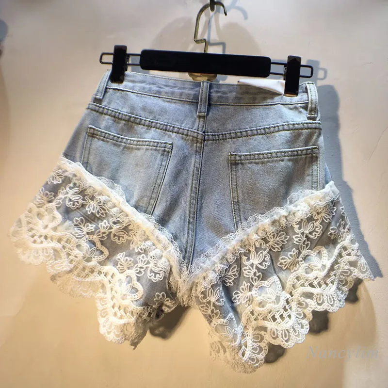 European Style Denim Shorts, Lace Patchwork Denim Shorts, 2025 Summer New Splicing Cloth, High Waist Hot Pants