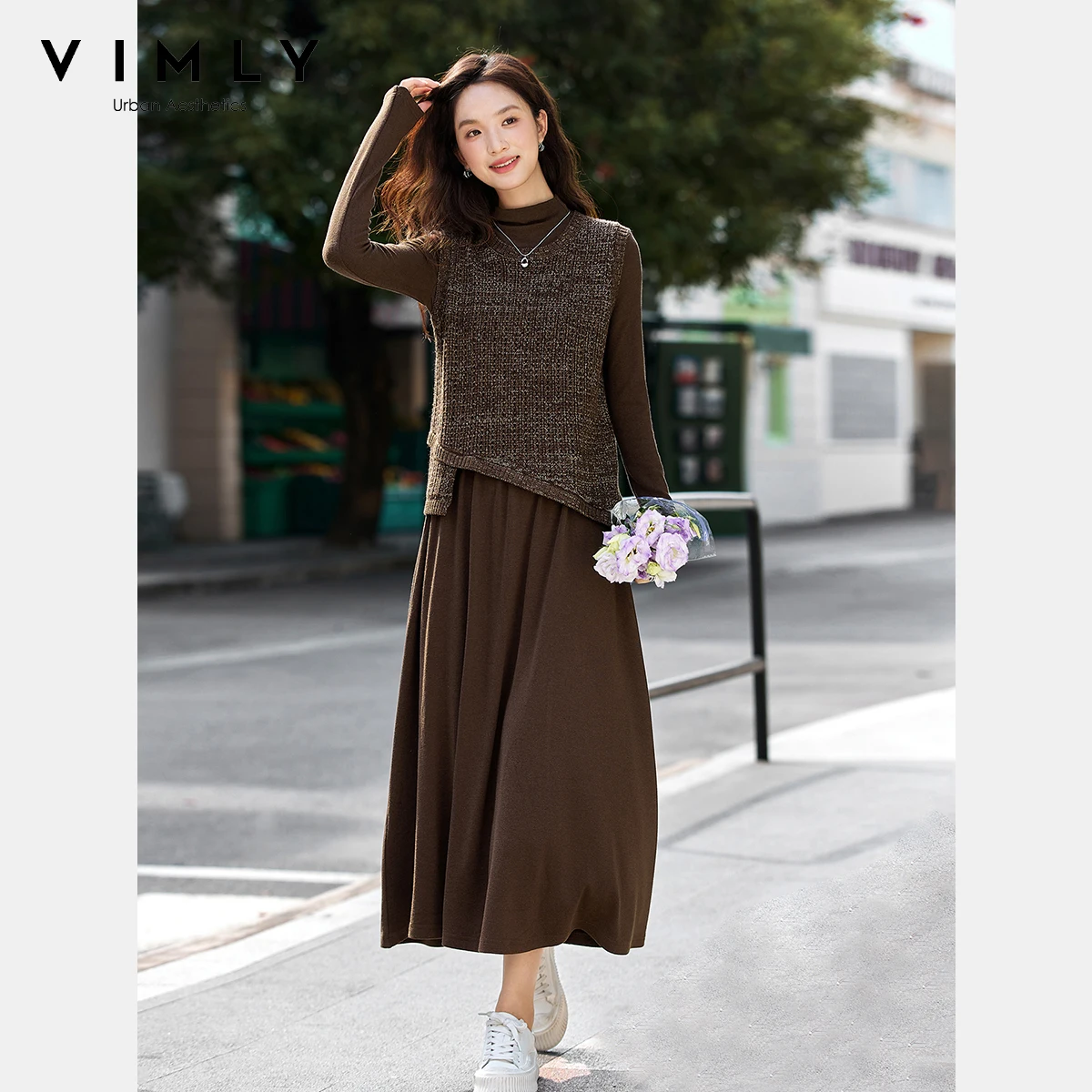 

VIMLY 2 Piece Sets Woman Vintage Autumn 2025 Brown Long Half High Collar Knitted Dresses Irregular Vest New Matching Sets A2228
