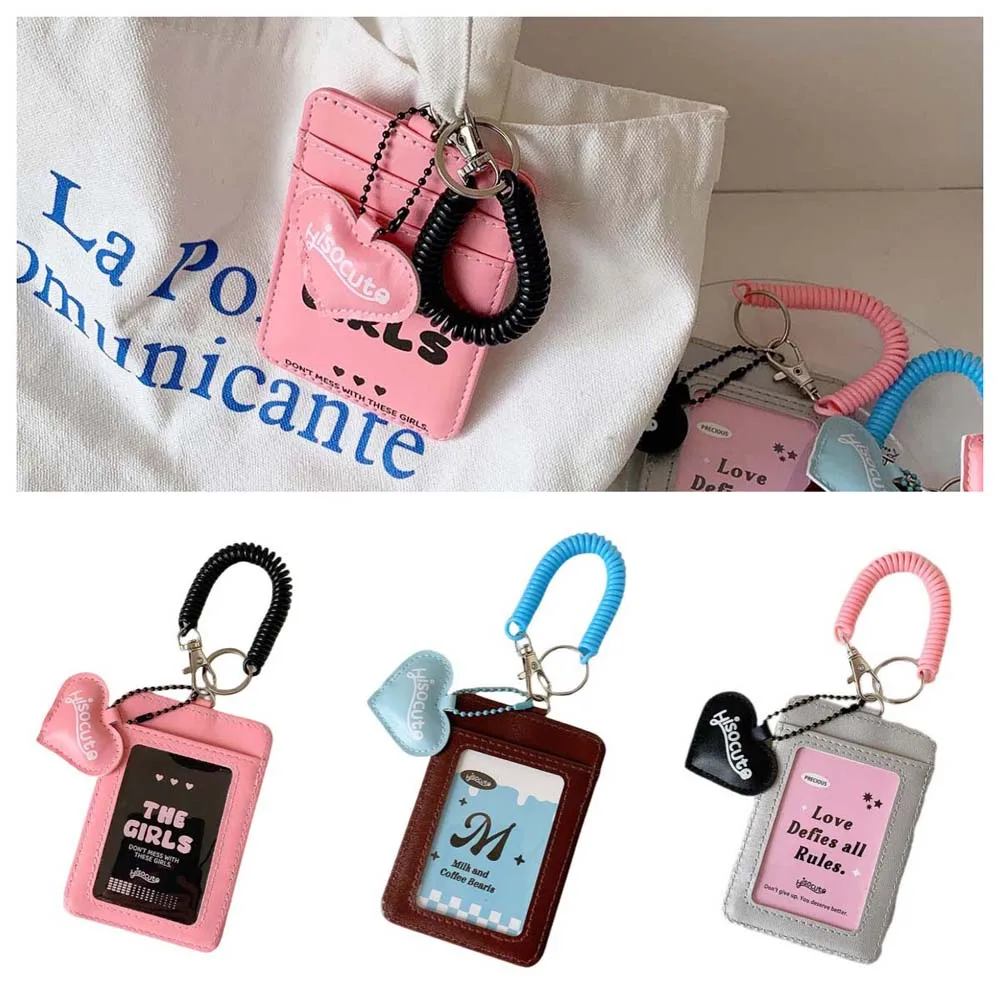 

With Keychain Korean Style Card Holder Bungee Cord Love Heart Pendant Student Card Cover PU Leather Card Case ID Card Holders