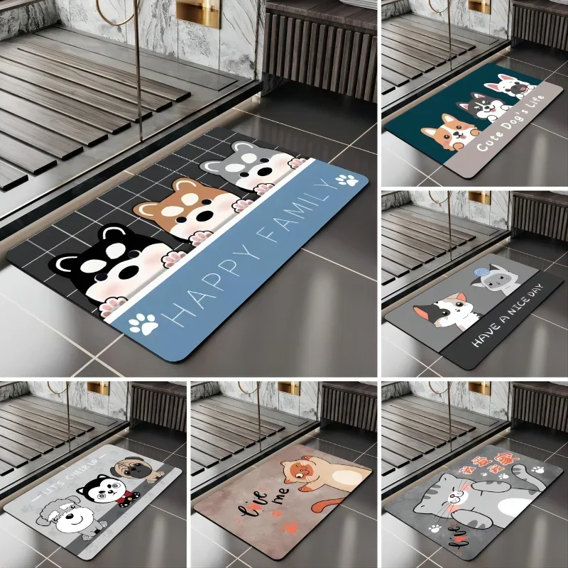 Cartoon Dog Cat Printed Bath Mat Super Absorbent Shower Bathroom Rug for Home Decor Laundry Room Toilet Non Slip Entrance Carpet