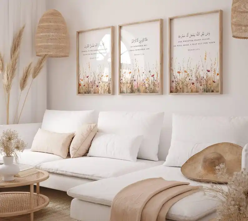 3pcs/set Qur'an Verses Islamic Canvas Print Muslim Arabic Calligraphy Flower Wall Art Poster for Nursery Eid Al-Fitr Home Decor