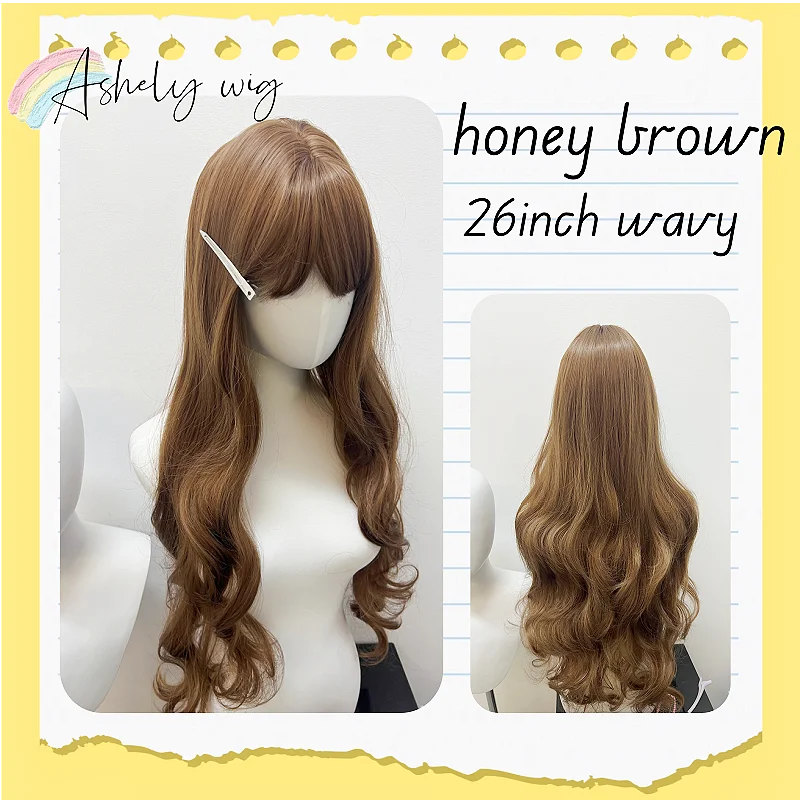 

Brown Wig with Bangs 30inch Long Wavy Wig for Women Natural Headband Wigs for Fashion Women High Quality Lolita Synthetic Wigs