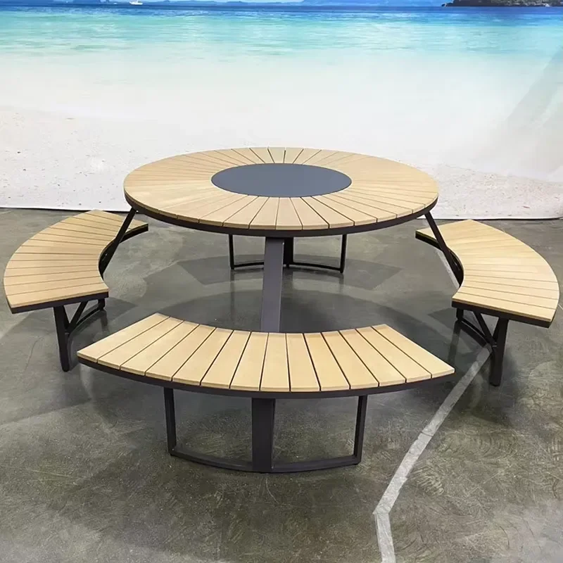 Round Outdoor Patio Furniture Set Waterproof Sunshade Garden Bench and Chair for Courtyard BBQ Party Casual Dining Table