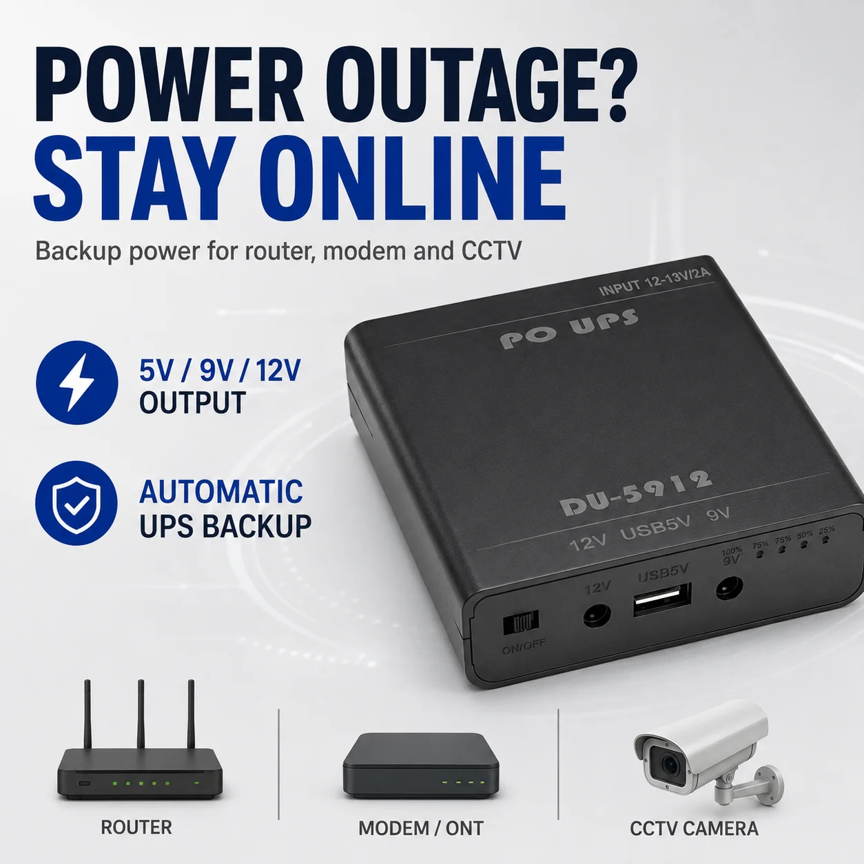 Skrzynka zasilania awaryjnego do routera, modemu, ONT, obudowa UPS bez lutowania na 3 ogniwa baterii 18650 z portami USB 5V, 9V i 12V Dual DC — zdjęcie produktu 3